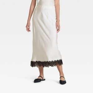a new day Women's Satin Midi Skirt Lace Trim White Black Trim M
